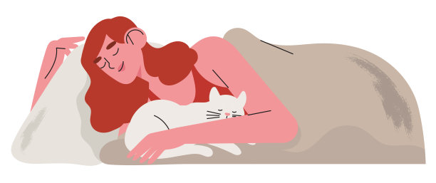 女人睡在舒适和放松在她的坏和她的宠物猫深夜。概念矫形或轮廓记忆泡沫枕头或羽绒被商店和其他配件为健康的夜晚睡眠。图片下载