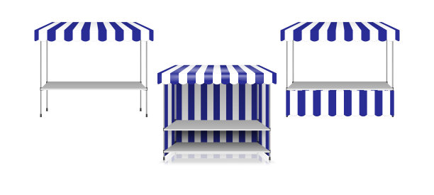 市场摊位的桌子和条纹帐篷屋顶隔离在白色背景，矢量插图设置。带天篷的便携式户外亭，设计模板图片下载