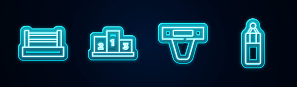 设拳击台、奖台、护腹股沟、拳击袋。发光的霓虹灯图标。向量图片下载