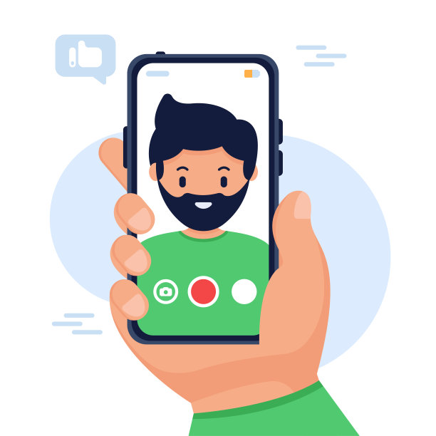 一名男子用智能手机自拍。智能手机屏幕上的男性肖像。矢量平面插图。一名男子的自拍视频，拍摄年轻男子，摆出自拍姿势，手里拿着智能手机。图片下载