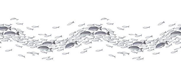 水彩画中以波浪的形式游动的鱼图片下载