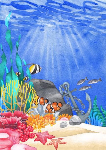 水下场景与手绘水彩珊瑚礁图片下载