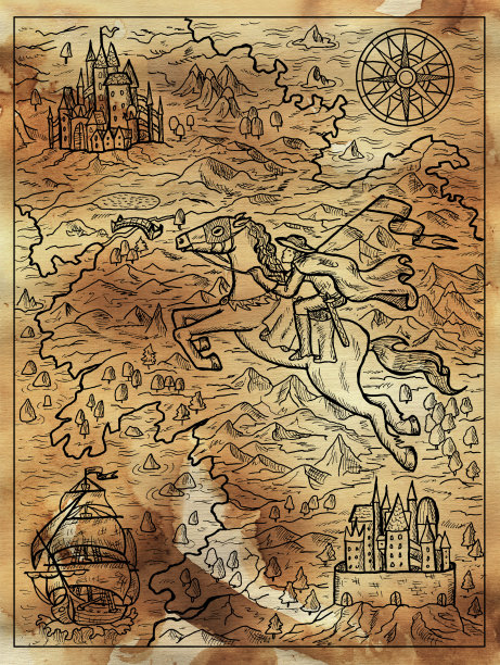 纹理海洋插图的老地图与骑士，指南针，帆船和幻想土地与岛屿。图片下载