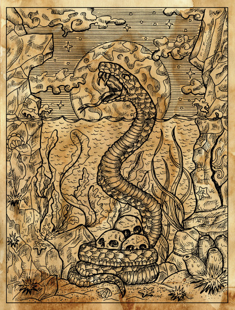 纹理海洋插图与sacry蛇，海景和人类头骨对满月。图片下载