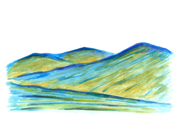 水彩插图旅游设计，旅游，明信片。山区的野生动物。明亮的山景观在赭色的色调，小山，山峰。大自然。图片下载