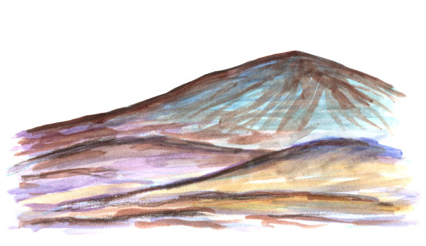 手绘水彩画。淡紫色的淡蓝色调宁静的山景。自然，多山的国家，旅游，旅游。图片下载