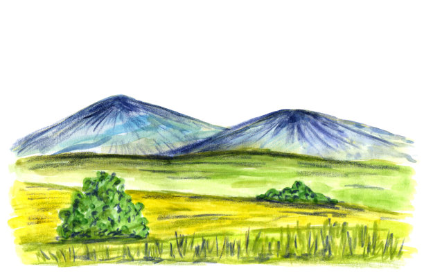 手绘明亮的水彩插图。乡村景观，绿色山麓，田园自然。山脉，田野，树木，灌木。用于制卡、旅游、旅游。图片下载