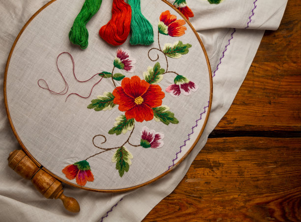 花刺绣在白色纺织品箍木背景。传统的乌克兰针刺绣图案。手工制作的图片下载