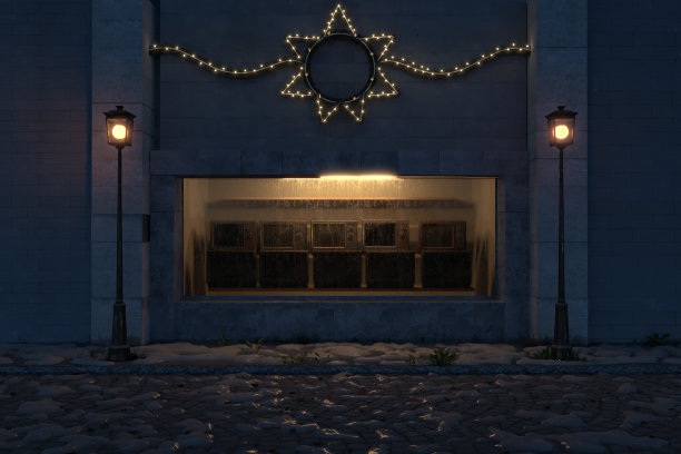 黄色照明橱窗的3d渲染与旧电视装饰圣诞节照明图片下载