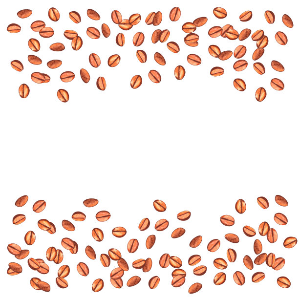 在顶部和底部边缘撒上烘好的咖啡豆。水彩手绘的菜单或包装模板图片下载