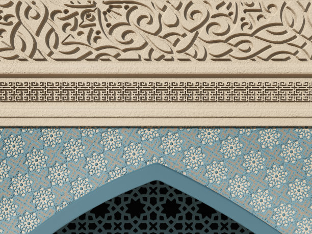 米色清真寺拱门残片，饰有蓝色花卉和几何图案、石雕和镂空窗户图片下载