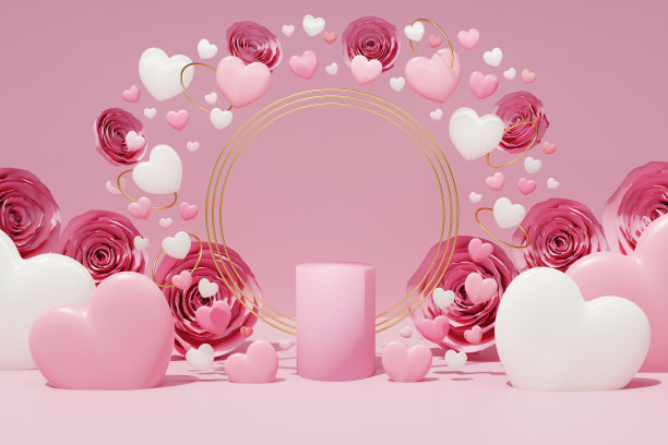 最小模型的粉红色背景为情人节心形和玫瑰。讲台上的产品演示。3 d渲染。图片下载