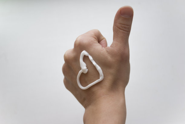 左手上画着一颗涂着奶油的心，大拇指朝上，背景是白色图片下载