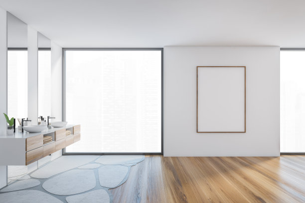 模型框架在白色和木制浴室有两个水槽和窗户图片下载