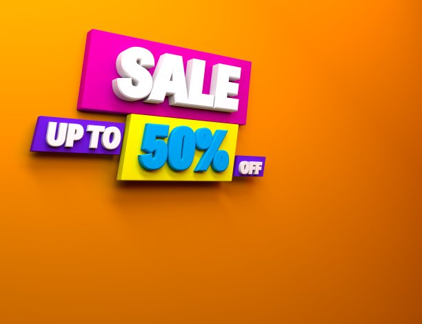 3d渲染多色折扣50%，并出售。3d插图促销折扣销售广告。图片下载