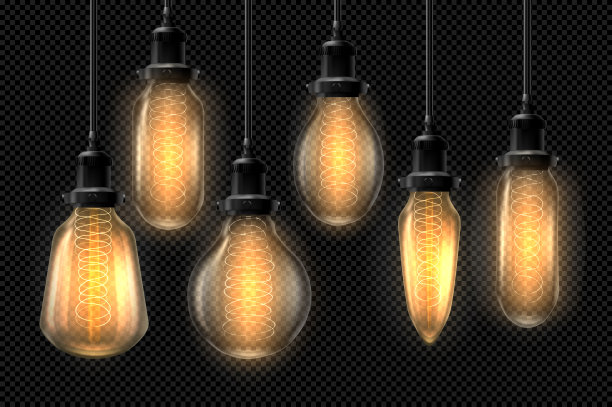 装饰复古设计的爱迪生灯泡组。形状各异的灯。矢量插图孤立在透明的背景。图片下载