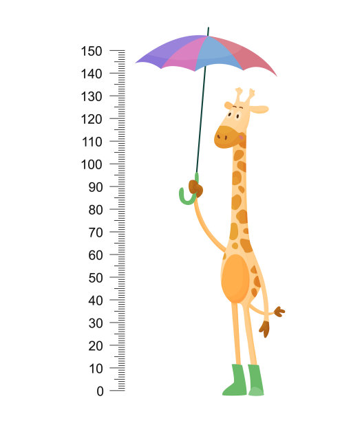 有趣的长颈鹿。快乐有趣的长颈鹿长脖子。长颈鹿米墙或高度表或墙贴纸。用2到150厘米的刻度来测量生长图片下载