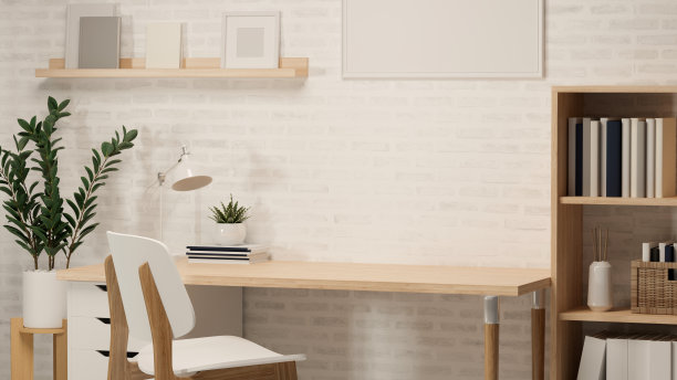 3D渲染，家庭办公工作台，书架，花盆，框架，其他装饰和椅子，3D插图图片下载