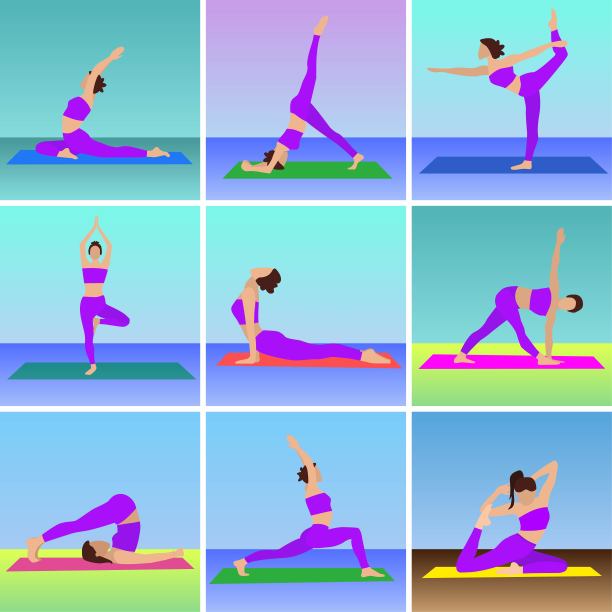 年轻女子在彩色的垫子上做瑜伽，体式，平面矢量插图集图片下载