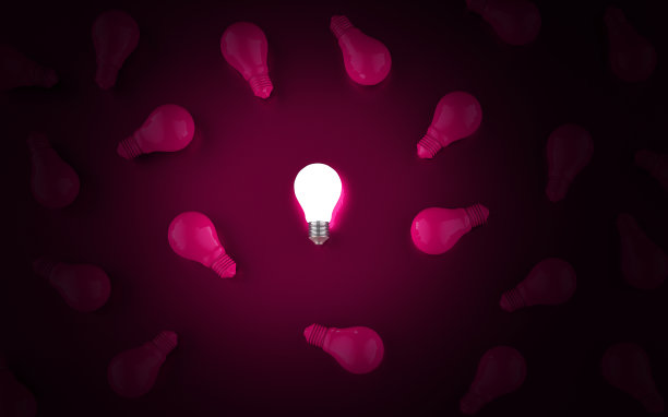 粉色背景上的灯泡。概念的概念。3 d演示。图片下载