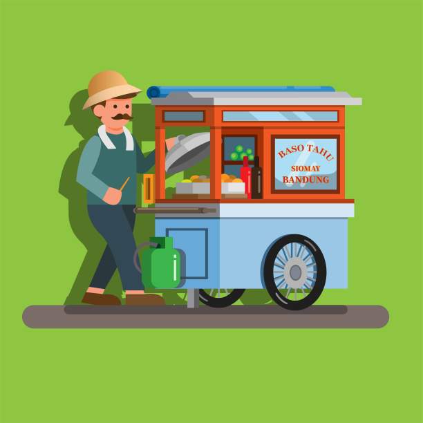 印尼街头小吃摊上的豆腐小贩卡通插画图片下载