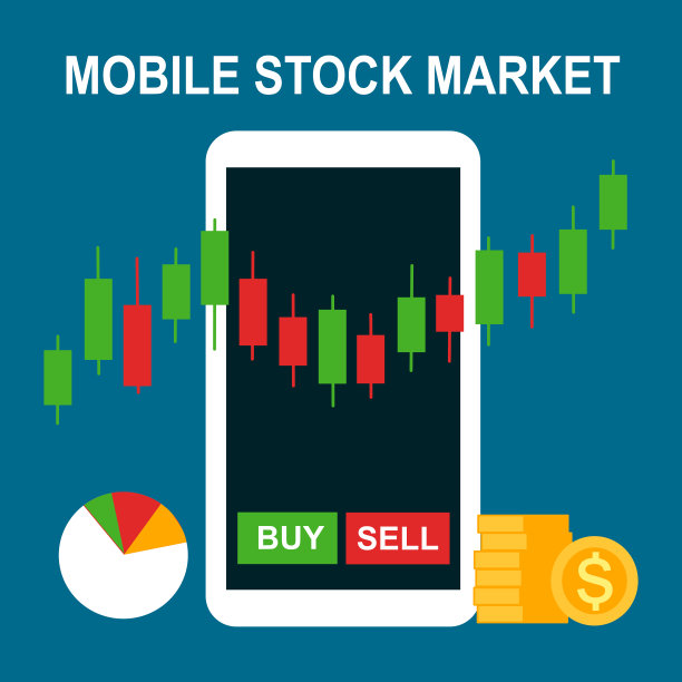 股票市场交易投资智能手机。蜡烛棒指示器和购买或出售屏幕上。通过手机应用进行在线股票交易。图片下载