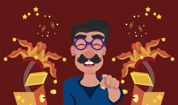 男人戴着滑稽的面具和滑稽的帽子在惊喜的盒子里素材图片