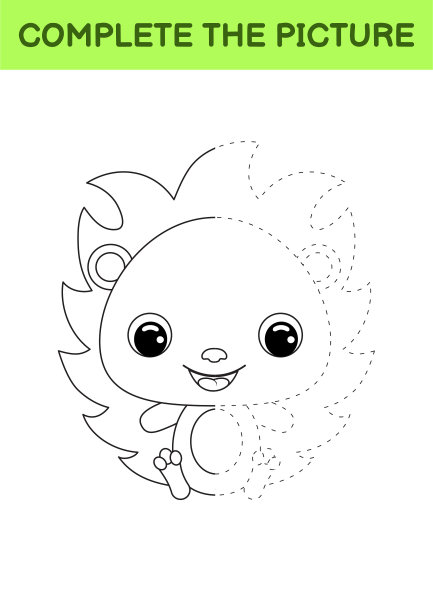 完成画的可爱的刺猬。彩色的书。点复制游戏。书法练习，绘画技巧训练。教育开发可打印的工作表。活动页面。矢量插图。图片下载