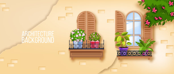 欧洲古老小镇的窗户插图，砖墙，室内植物，木百叶窗，开花树，常春藤。图片下载