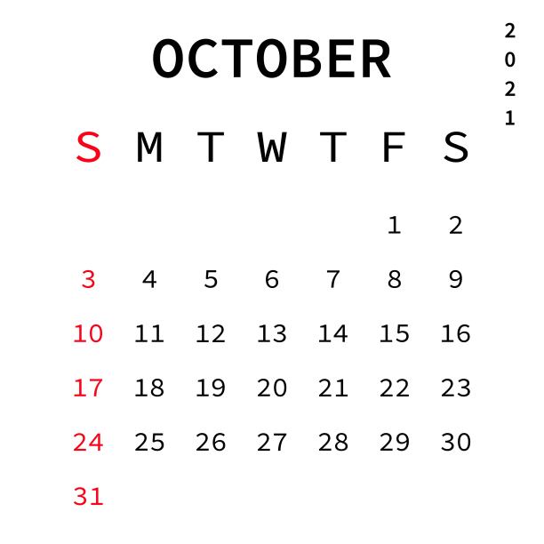 2021年日历十月月。向量EPS 10。在白色背景上隔离图片下载