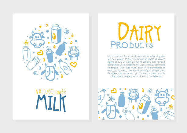采购产品天然牛奶卡片模板与文本，有机乳制品横幅，小册子，传单，海报，包装手绘矢量插图图片下载