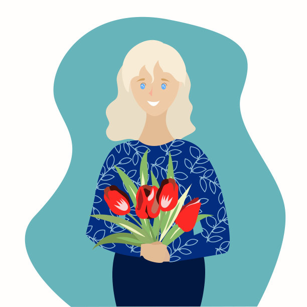 一个女人拿着一束节日的郁金香图片下载