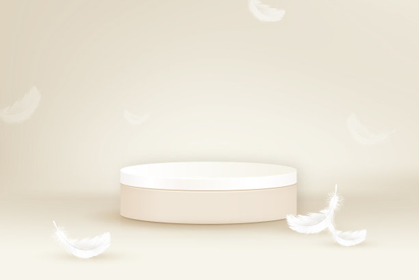3D舞台讲台模型与羽毛在米色背景化妆品和产品植入，矢量插图图片下载
