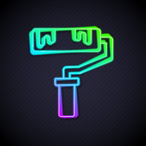 发光的霓虹灯线漆辊刷图标孤立在黑色背景。向量图片下载