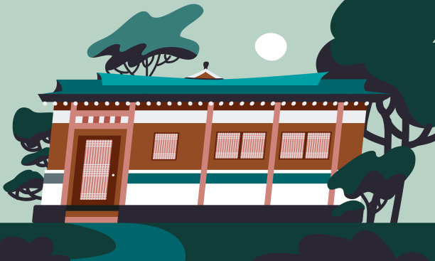 韩屋平面卡通插图。图片下载