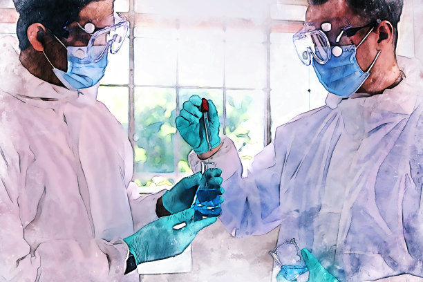 抽象的七彩青年科学家们在实验室里对水彩插画背景进行测试和检查。图片下载