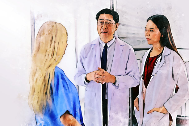 摘要彩色幸福团队医生在医院的水彩插画画背景。图片下载