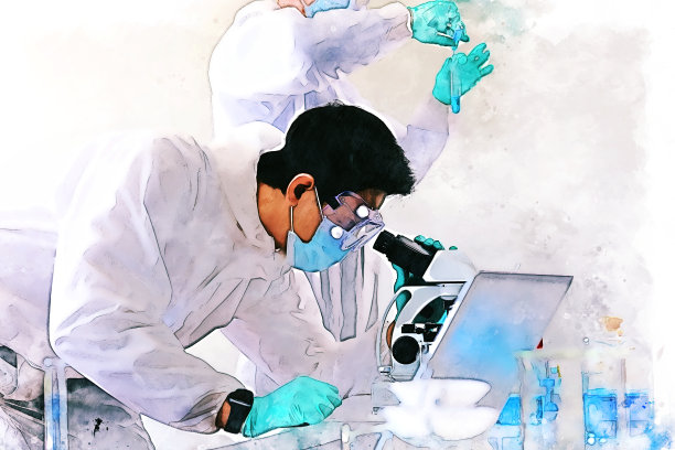 抽象的七彩青年科学家们在实验室里对水彩插画背景进行测试和检查。图片下载