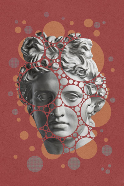 用石膏拼贴的仿古人脸雕塑，具有波普艺术风格。创意概念图像与古代雕像头在柔和的颜色。电子杂志的文化。当代艺术风格的海报。阿波罗破产。图片下载