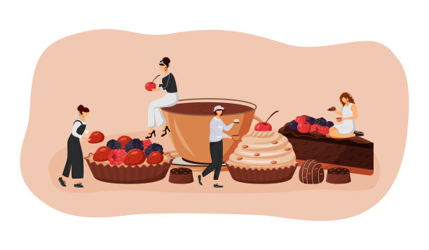 糕点平面概念矢量插图。草莓覆盆子馅饼。巧克力蛋糕片。咖啡馆访客2D卡通人物网页设计。优质糕点食品创意创意图片下载