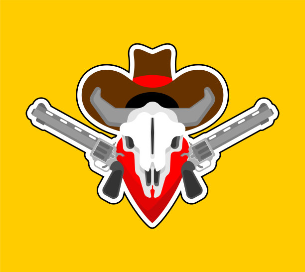 牛仔的标志。公牛头骨和枪。牛仔的迹象。矢量图图片下载