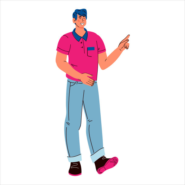 欢快的年轻人用手指着，卡通平面矢量插图孤立。图片下载