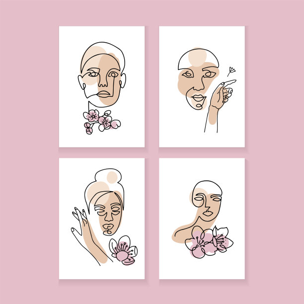 一套a4海报，社交媒体故事封面，卡片，传单，移动应用程序，横幅。线性风格的女人脸与樱花连续线条插图。一行的艺术。图片下载