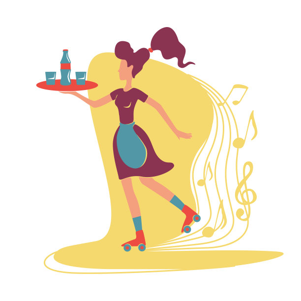 复古餐厅提供2D矢量网页横幅，海报。老式的酷滚轴服务员拿着托盘在手上扁平的卡通人物的背景。可打印的补丁，丰富多彩的网页元素图片下载