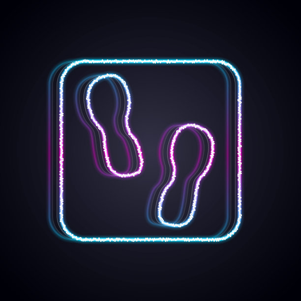 发光的霓虹灯线人类脚印鞋图标孤立在黑色的背景。鞋鞋底。向量图片下载