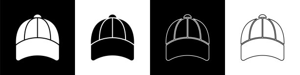 设置棒球帽图标隔离在黑色和白色背景。运动设备。体育制服。向量图片下载