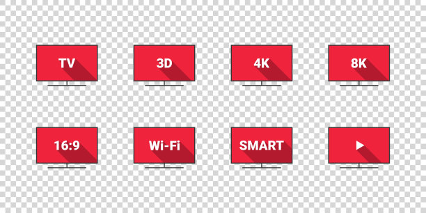 电视功能:3D、4K、8K、16:9、无线网络。平的风格。电视图标向量集。矢量图图片下载