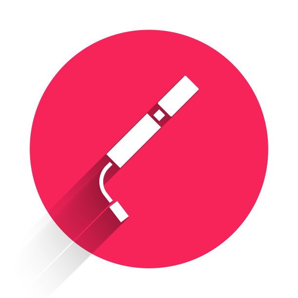 白色自行车气泵图标孤立与长影子。红色圆圈按钮。向量图片下载