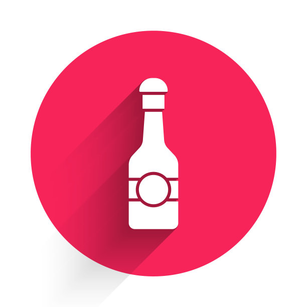 白香槟酒瓶图标孤立与长影子。圣诞快乐，恭贺新禧。红色圆圈按钮。向量图片下载