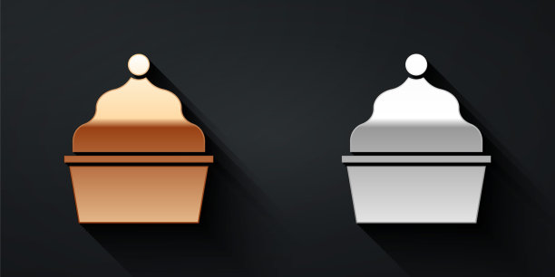 金色和银色的蛋糕图标孤立在黑色的背景。生日快乐。长长的阴影风格。向量图片下载